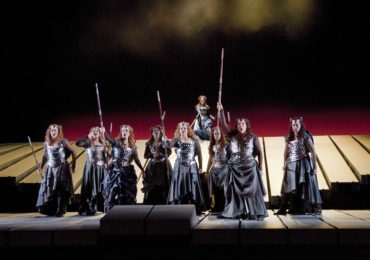 A scene from Act 3 of WagnerÕs ÒDie WalkreÓ with the Valkuries (left to right) Marjorie Elinor Dix as Waltraute, Wendy Bryn Harmer as Ortlinde, Molly Fillmore as Helmwige, Kelly Cae Hogan as Gerhilde, Mary Ann McCormick as Grimgerde, Lindsay Armann as Rossweisse, Eve Gigliotti as Siegrune, and Mary Phillips as Schwertleite. At top is Deborah Voigt as Brnnhilde.
Photo: Ken Howard/Metropolitan Opera

Taken at the rehearsal on April 14, 2011 at the Metropolitan Opera in New York City.