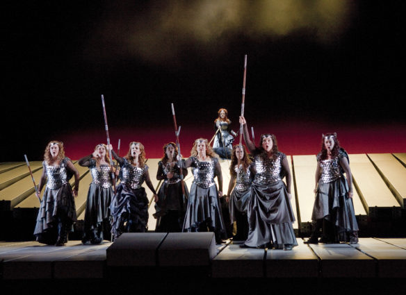 A scene from Act 3 of WagnerÕs ÒDie WalkreÓ with the Valkuries (left to right) Marjorie Elinor Dix as Waltraute, Wendy Bryn Harmer as Ortlinde, Molly Fillmore as Helmwige, Kelly Cae Hogan as Gerhilde, Mary Ann McCormick as Grimgerde, Lindsay Armann as Rossweisse, Eve Gigliotti as Siegrune, and Mary Phillips as Schwertleite. At top is Deborah Voigt as Brnnhilde.
Photo: Ken Howard/Metropolitan Opera

Taken at the rehearsal on April 14, 2011 at the Metropolitan Opera in New York City.