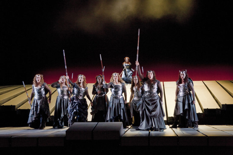 A scene from Act 3 of WagnerÕs ÒDie WalkreÓ with the Valkuries (left to right) Marjorie Elinor Dix as Waltraute, Wendy Bryn Harmer as Ortlinde, Molly Fillmore as Helmwige, Kelly Cae Hogan as Gerhilde, Mary Ann McCormick as Grimgerde, Lindsay Armann as Rossweisse, Eve Gigliotti as Siegrune, and Mary Phillips as Schwertleite. At top is Deborah Voigt as Brnnhilde.
Photo: Ken Howard/Metropolitan Opera

Taken at the rehearsal on April 14, 2011 at the Metropolitan Opera in New York City.